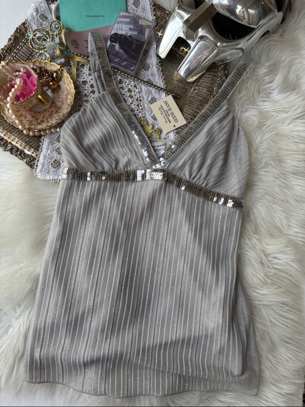 New Y2K Guess Vintage Sequin Babydoll Camisole Tank Top Silver Sparkle NWT Hot M